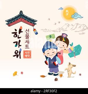 Design coréen pour l'événement Thanksgiving Day. Les enfants qui portent des hanboks tiennent des cadeaux traditionnels. Illustration de Vecteur