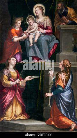 Sacra Famiglia con S. Lucia e S. Apollonia - olio su tela - Alessandro Maganza - XVII secolo - Brescia, Santuario di S. Maria delle Grazie Banque D'Images