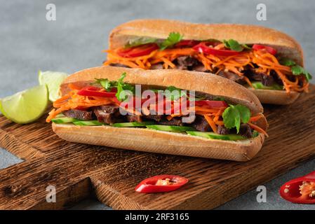 Banh mi. Sandwich vietnamien gros plan, vue latérale, mise au point sélective. Banque D'Images