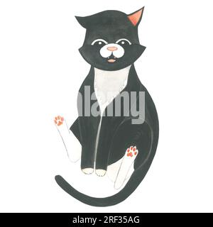 Illustration à l'aquarelle d'un chat noir assis.main dessiné isolé sur un fond blanc Banque D'Images
