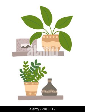 Ensemble d'étagère avec plantes d'intérieur et décoration de la maison Illustration de Vecteur