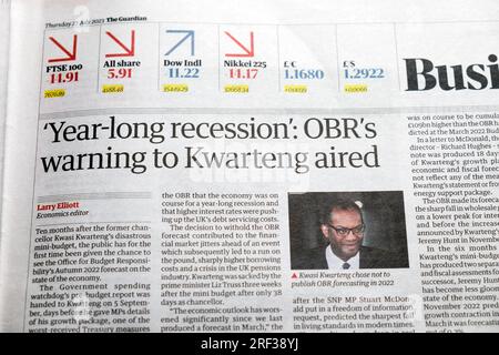 'Récession d'un an : avertissement d'OBR à (Kwasi) Kwarteng diffusé' journal Guardian article financier de l'économie britannique 27 juillet 2023 Londres Angleterre Royaume-Uni Banque D'Images