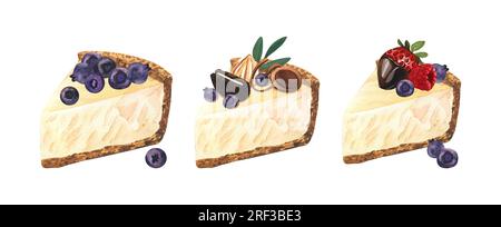 Dessert à l'aquarelle, morceau de cheesecake aux baies fraîches, fraises et myrtille. Illustration dessinée à la main isolée sur fond blanc Banque D'Images