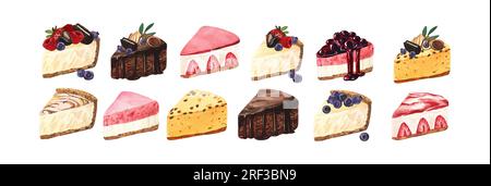 Dessert à l'aquarelle, gâteaux sucrés colorés tranchant des morceaux de cheesecake avec des baies fraîches. Illustration dessinée à la main isolée sur fond blanc Banque D'Images