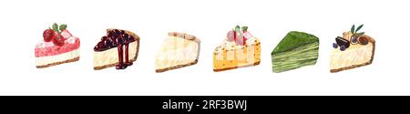 Dessert à l'aquarelle, gâteaux sucrés colorés tranchant des morceaux de cheesecake avec des baies fraîches. Illustration dessinée à la main isolée sur fond blanc Banque D'Images