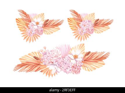 Fleurs séchées, hortensia, bouquets de feuilles de palmier tropical. Collection isolée de modèle floral aquarelle pastel pour couronne de mariage, cadres de bouquet Banque D'Images