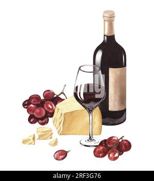 Aquarelle illustration vin de bouteille de vin rouge, raisin rouge et fromage parmesan. Picture Drink isolé sur le fond blanc. Concept pour le vin Banque D'Images