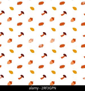 Modèle d'automne sans couture avec des champignons, des glands et des feuilles de chêne sur fond blanc. Illustration plate vectorielle pour la conception, l'impression, le textile, le tissu Illustration de Vecteur