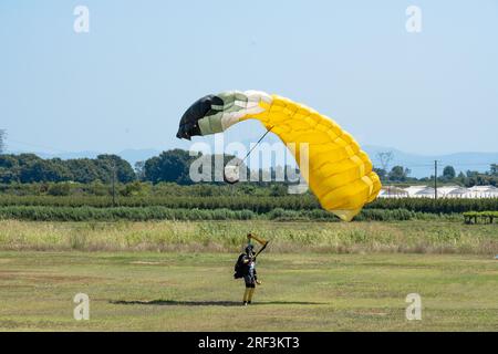 Vue imprenable sur un parachutiste avec un parachute jaune atterrissant sur une pelouse verte pendant une journée ensoleillée. Banque D'Images