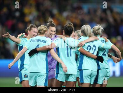 Melbourne, Australie. 31 juillet 2023. Les joueuses australiennes célèbrent la victoire du match du groupe B entre le Canada et l'Australie lors de la coupe du monde féminine de la FIFA 2023 à Melbourne, en Australie, le 31 juillet 2023. Crédit : Ding Xu/Xinhua/Alamy Live News Banque D'Images