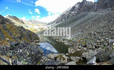 Accumulation de talus, débris partiellement triés. Le ruisseau de montagne coule à travers les gorges et les barrages épluchent comme une série de petits lacs. Zone subnivale, quantité de sno Banque D'Images