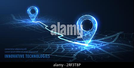 GPS. Icône abstraite de deux broches de vecteur sur la carte bleue de la ville avec la connexion de ligne blanche Illustration de Vecteur