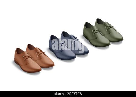 Blank colored casual shoes mockup set, side view, 3d rendering. Empty brown, blue and green formal male loafers mock up, isolated. Clear classic boots Banque D'Images