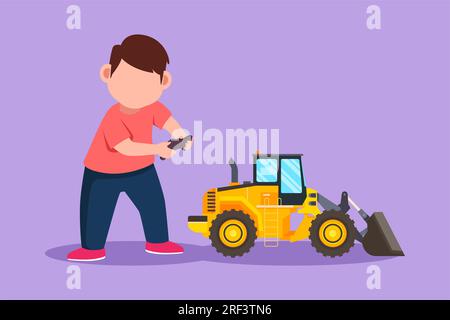 Personnage plat dessin heureux petit garçon jouant avec des jouets de bulldozer télécommandés. Enfants mignons jouant avec bulldozer jouet électronique avec con à distance Banque D'Images