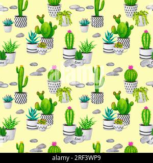 Motif sans couture avec cactus et succulentes dans des pots en céramique sur fond jaune. Ornement botanique aquarelle pour le conditionnement, l'empaquetage, la papeterie, Banque D'Images