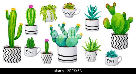 Un grand ensemble de cactus et succulentes dans des pots de fleurs. Scandinave, style Boho. Collection d'éléments d'aquarelle pour la conception de cartes, impression de tissus, stat Banque D'Images