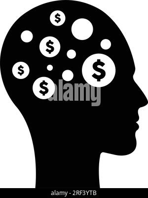 Icône numérique de signe de dollar sur le visage futuriste de profil humain avec implant de puce de cerveau pour la finance ai Artificial Intelligence et l'illustration d'esprit d'argent dans Illustration de Vecteur
