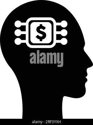 Icône de signe dollar sur le profil humain futuriste avec un implant de puce de cerveau pour l'intelligence artificielle l'argent et l'illustration de l'esprit de finance dans les glyphes. Illustration de Vecteur