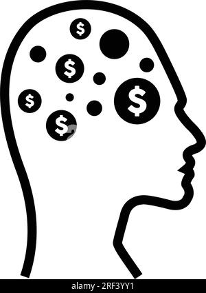 Une icône de signe dollar sur un visage de profil humain avec un implant de puce de cerveau pour l'illustration de finance d'intelligence artificielle dans des pictogrammes de glyphe. Illustration de Vecteur