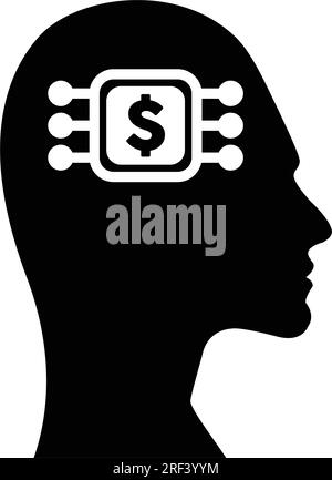 Icône numérique de signe de dollar sur le visage futuriste de profil humain avec implant de puce de cerveau pour la finance ai Artificial Intelligence et l'illustration d'esprit d'argent dans Illustration de Vecteur