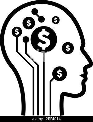 Icône numérique de signe de dollar sur le visage futuriste de profil humain avec implant de puce de cerveau pour la finance ai Artificial Intelligence et l'illustration d'esprit d'argent dans Illustration de Vecteur