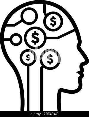 Icône numérique de signe de dollar sur le visage futuriste de profil humain avec implant de puce de cerveau pour la finance ai Artificial Intelligence et l'illustration d'esprit d'argent dans Illustration de Vecteur