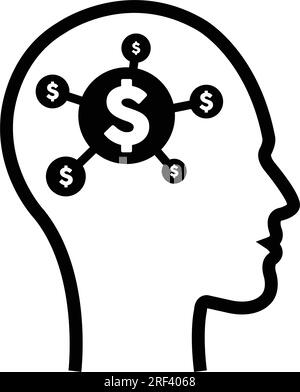 Une icône de signe dollar sur un visage de profil humain avec un implant de puce de cerveau pour l'illustration de finance d'intelligence artificielle dans des pictogrammes de glyphe. Illustration de Vecteur