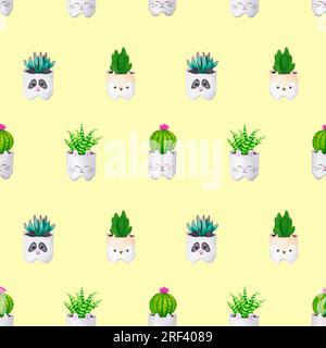 Motif sans couture avec cactus et succulentes dans des pots en céramique sur fond jaune. Ornement botanique aquarelle pour le conditionnement, l'empaquetage, la papeterie, Banque D'Images