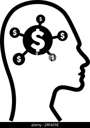 Icône de signe dollar sur le profil humain futuriste avec un implant de puce de cerveau pour l'intelligence artificielle l'argent et l'illustration de l'esprit de finance dans les glyphes. Illustration de Vecteur