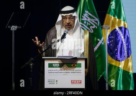 Sao Paulo, Brésil. 31 juillet 2023. SP - SAO PAULO - 07/31/2023 - SAO PAULO, BRÉSIL FORUM SUR L'INVESTISSEMENT - ARABIE SAOUDITE - le ministre des investissements du Royaume d'Arabie saoudite, Khalid Al Falih, lors du Forum sur l'investissement Brésil - Arabie saoudite, qui s'est tenu ce lundi matin - foire (31) au Teatro Sesi, Au siège de la Fédération des Industries de l'Etat de Sao Paulo (FIESP) sur Avenida Paulista. Photo : Suamy Beydoun/AGIF/Sipa USA crédit : SIPA USA/Alamy Live News Banque D'Images