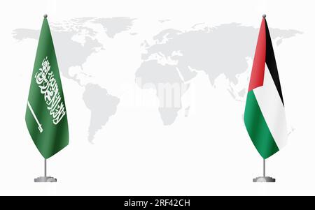 Drapeaux de l'Arabie saoudite et de la Palestine pour la réunion officielle sur fond de carte du monde. Illustration de Vecteur