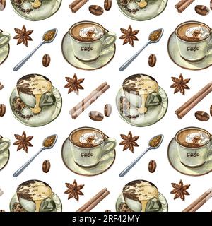 Jeu de motifs à l'aquarelle café et lait Banque D'Images