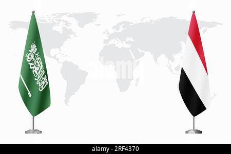 Drapeaux de l'Arabie saoudite et du Yémen pour la réunion officielle sur fond de carte du monde. Illustration de Vecteur