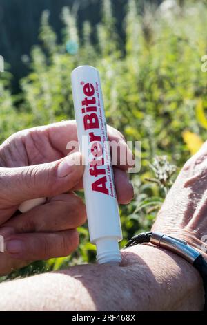 Femme appliquant après la morsure d'un applicateur pour apaiser une piqûre d'ortie ou une piqûre d'insecte sur son bras. Banque D'Images