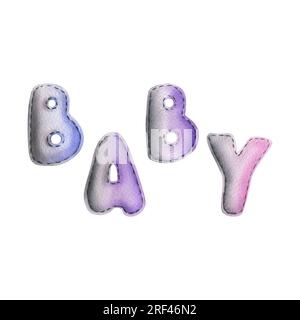 Letters BABY sewn from fabric in gray and lilac. Watercolor illustration, hand drawn. Set of isolated elements on a white background. Banque D'Images