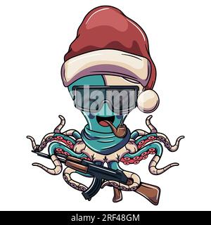 Personnage de poulpe cyborg de dessin animé portant le chapeau du père noël de noël, avec des lunettes, une pipe et un fusil de chasse. Illustration pour la fantaisie, la science-fiction et la publicité Illustration de Vecteur