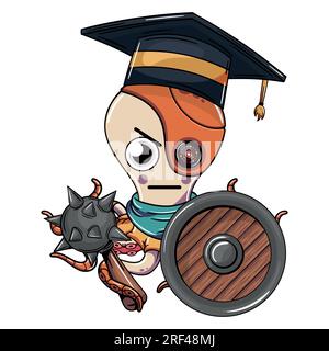 Personnage de poulpe cyborg de dessin animé portant une casquette de graduation bouleversé avec un bouclier et une hache de guerre. Illustration pour fantasy, science-fiction et aventure com Illustration de Vecteur