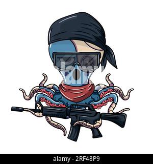 Personnage de dessin animé de poulpe cyborg ennuyé dans un bandana noir, portant des lunettes et une mitrailleuse. Illustration pour la fantaisie, la science-fiction et l'aventure Illustration de Vecteur