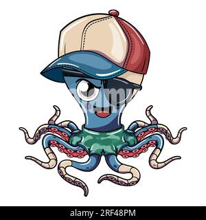 Personnage de pieuvre cyborg maléfique de dessin animé portant sa casquette, patch pirate et uniforme militaire. Illustration pour comi fantasy, science fiction et aventure Illustration de Vecteur