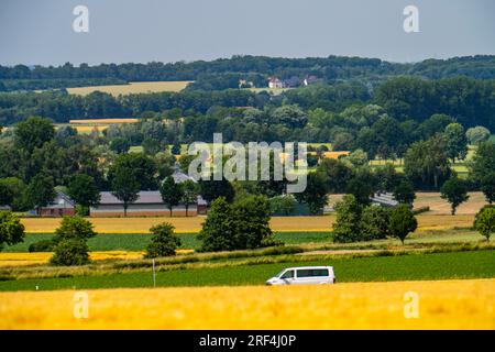 Bundesstraße 1, Werler Straße, champs, forêts et champs céréaliers à l'est d'Unna, près du village de Hemmerde, NRW, Allemagne, Banque D'Images