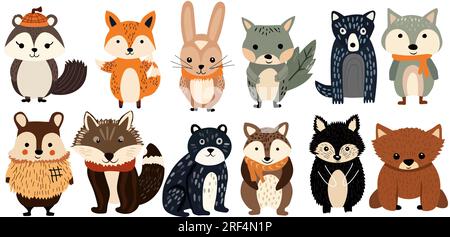 Ensemble isolé avec de mignons animaux forestiers. Mignon raton laveur, lapin drôle, loup et ours, adorable hérisson et other.Perfect pour le web, bannière, carte, affiche. Illustration vectorielle. Illustration de Vecteur