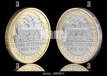 2023 pièce de 2 £ pour commémorer le centenaire de la locomotive à vapeur Flying Scotsman. L'avers montre le portrait de la 1e pièce du roi Charles III Banque D'Images