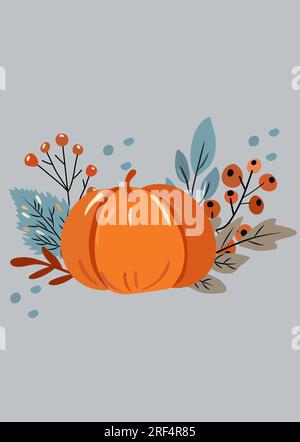 Bannière d'automne avec composition de citrouille avec des feuilles colorées, baie rouge. Parfait pour le web, bannière, carte et Thanksgiving. Illustration vectorielle Illustration de Vecteur