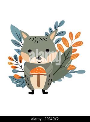 Mignon forêt adorable raton laveur avec des baies sauvages et des feuilles. Animaux des bois. Parfait pour le web, bannière, carte, affiche. Illustration vectorielle. Illustration de Vecteur