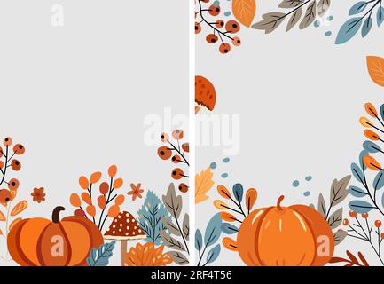 Bannière d'automne avec composition de citrouille avec des feuilles colorées, baies rouges, champignons. Parfait pour le web, bannière, carte et Thanksgiving. Illustration vectorielle Illustration de Vecteur