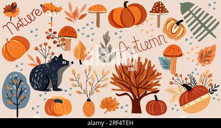 Bannière d'automne saisonnière, avec la faune, les légumes, les arbres, les feuilles et la taupe mignonne. Bannières idéales pour le web, moisson fest, bannières, cartes, Thanksgiving. Illustration vectorielle. Illustration de Vecteur