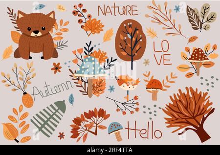 Bannière d'automne saisonnière, avec la faune, les champignons colorés, les arbres, les feuilles et l'ours mignon. Bannières idéales pour le web, moisson fest, bannières, cartes, Thanksgiving. Illustration vectorielle Illustration de Vecteur
