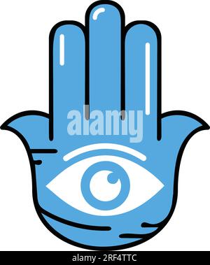 Illustration abstraite multicolore d'une main Hamsa avec le symbole Evil Eye. La main de Fatima est un signe religieux avec des yeux tous visibles. Style bohème vintage. Illustration de Vecteur