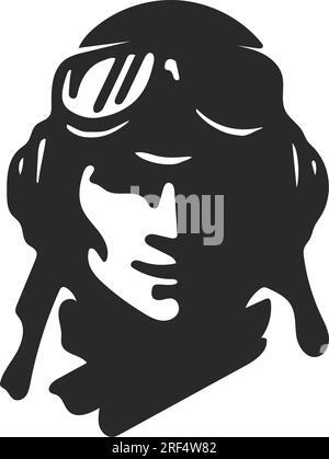 Un vecteur Human Fighter Pilot demi-visage illustration et Silhouette dans un casque d'aviateur rétro avec une mâchoire ouverte. Icône Illustration de Vecteur