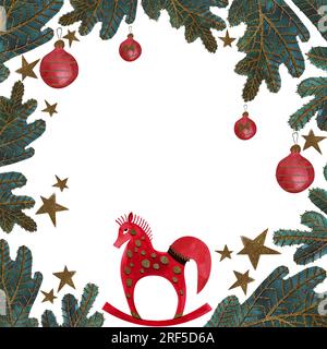 Cadre aquarelle avec sapin de noël décoré et cheval à bascule. Carte de Noël. Jouet pour enfants. Un cadeau de Noël. Illustration raster pour emballage, Banque D'Images